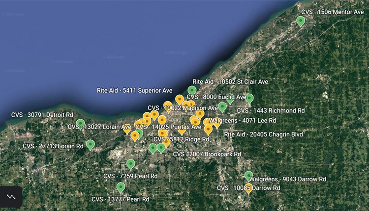 Locations of 35-plus Rite Aid, Walgreens and CVS pharmacies throughout the Cleveland area. The pharmacies labeled in yellow do not offer COVID-19 testing as of early July; the stores labeled in green do.